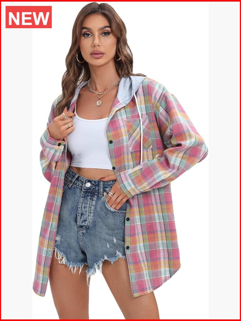 Oversized Long Sleeve Flannel Button Down Shirt Jacket Hoodie